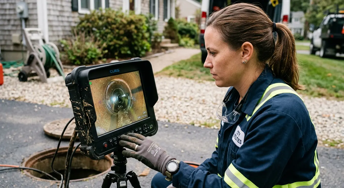 Technician reviewing sewer camera inspection footage in Vero Lake Estates