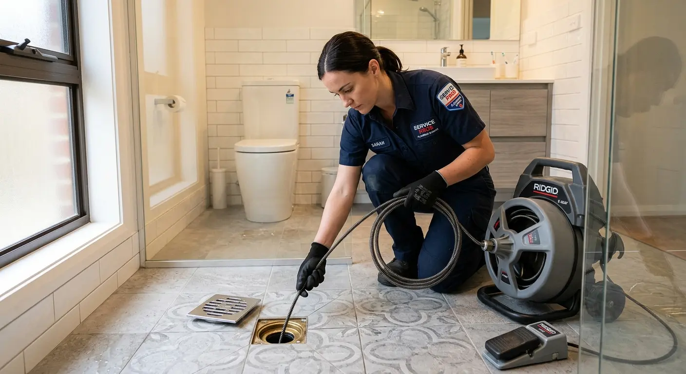 Technician clearing a bathroom floor drain for Sewer Line Replacement in Vero Lake Estates